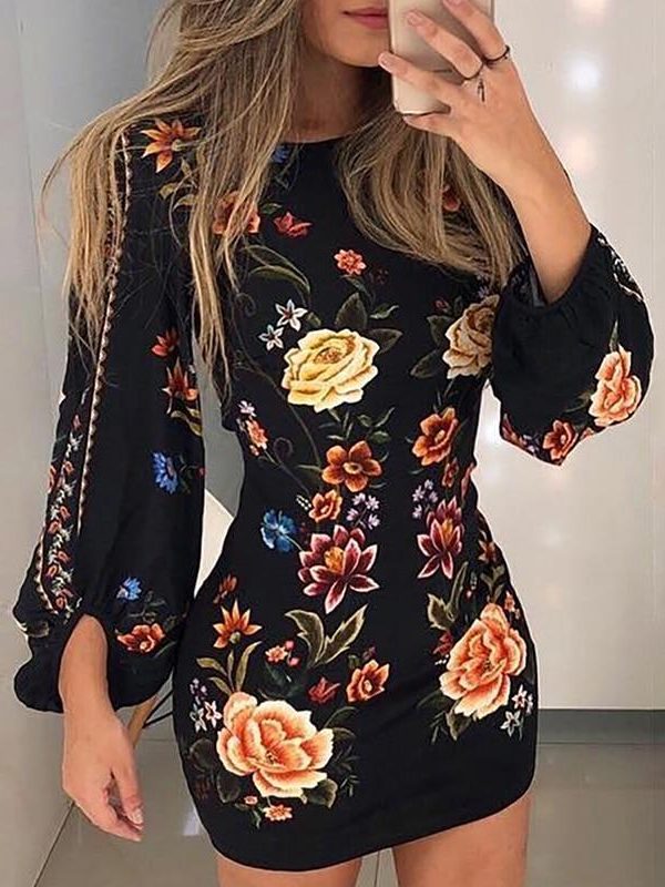 Cutout back latern sleeve bodycon dress Retro flower print mini women dress Summer Bishop Sleeve floral party vestidos - Takalr