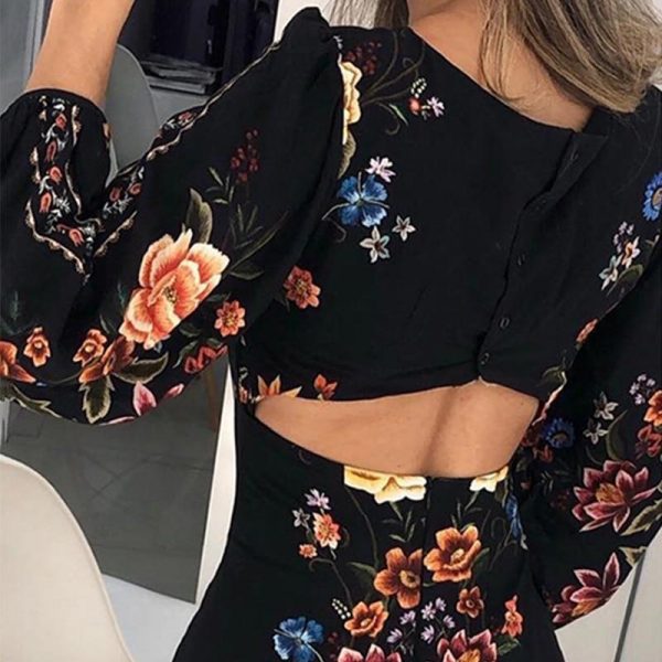 Cutout back latern sleeve bodycon dress Retro flower print mini women dress Summer Bishop Sleeve floral party vestidos - Takalr