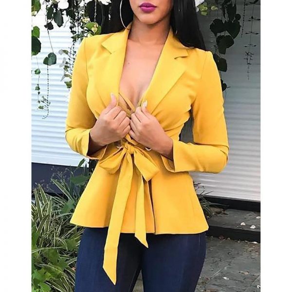 Deep v-neck eyelet tied front blazer Women long sleeve turn down collar blazer jacket Elegant office ladies yellow blazers suits - Takalr