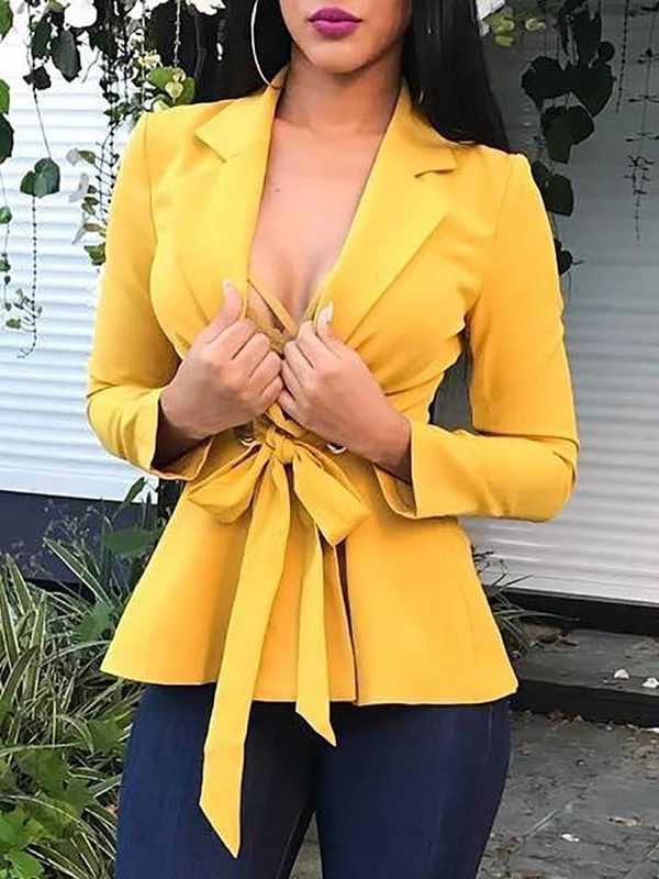 Deep v-neck eyelet tied front blazer Women long sleeve turn down collar blazer jacket Elegant office ladies yellow blazers suits - Takalr