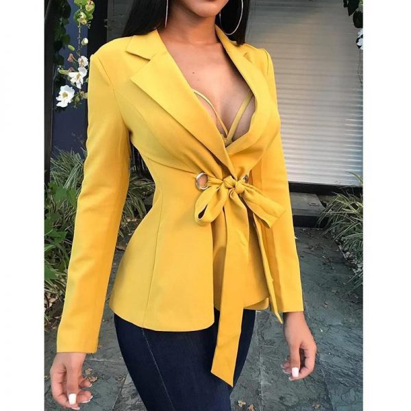 Deep v-neck eyelet tied front blazer Women long sleeve turn down collar blazer jacket Elegant office ladies yellow blazers suits - Takalr