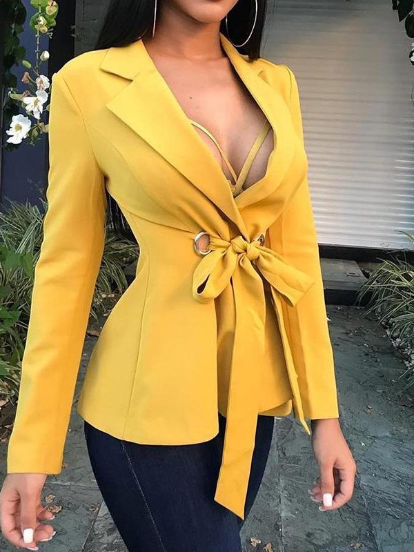 Deep v-neck eyelet tied front blazer Women long sleeve turn down collar blazer jacket Elegant office ladies yellow blazers suits - Takalr