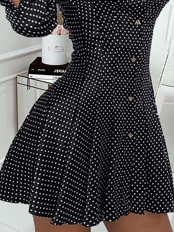 Dot Print Pleated Shirt Dress Women Long Sleeve Singled Breasted Mini Dress Black Polka Dots Print Turn Down Collar Dresses - Takalr