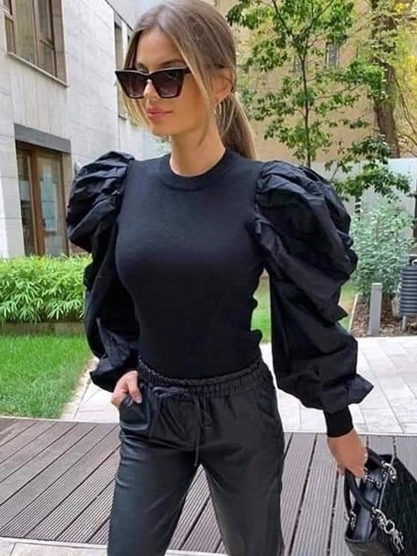 Elegant Puff Sleeve T Shirt Women Solid Color White Black Mock Neck Casual Tops Spring Blusa Feminino - Takalr