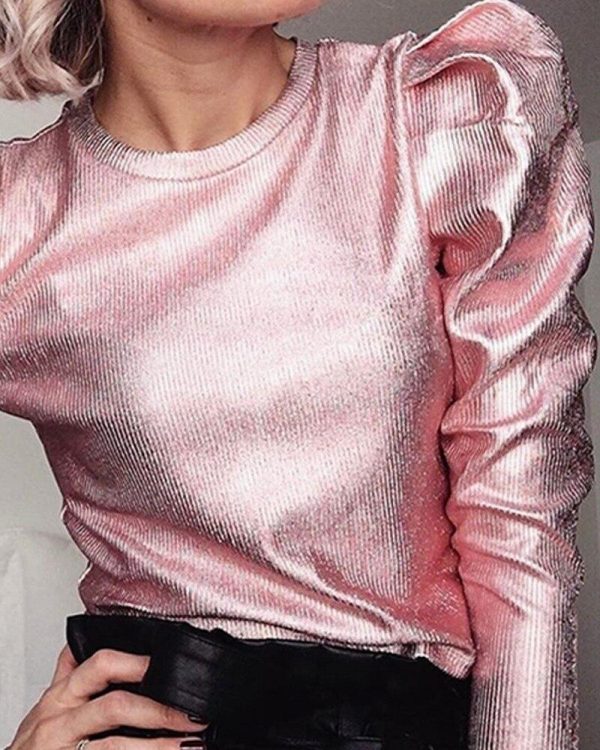 Elegant Puff Sleeve Tops T-shirt Women O-neck Puff Shoulder Long Sleeve Tshirt Slim Casual Solid Tops Office Work Blusa Femme - Takalr