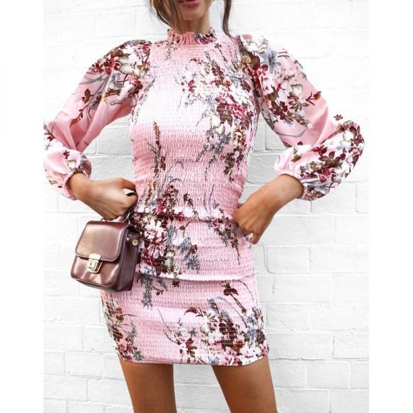 Elegant Women Dress Flower Print High Neck Long Sleeve Dress Autumn Slim Stretchy Party Dresses Casual Bodycon Vestido - Takalr