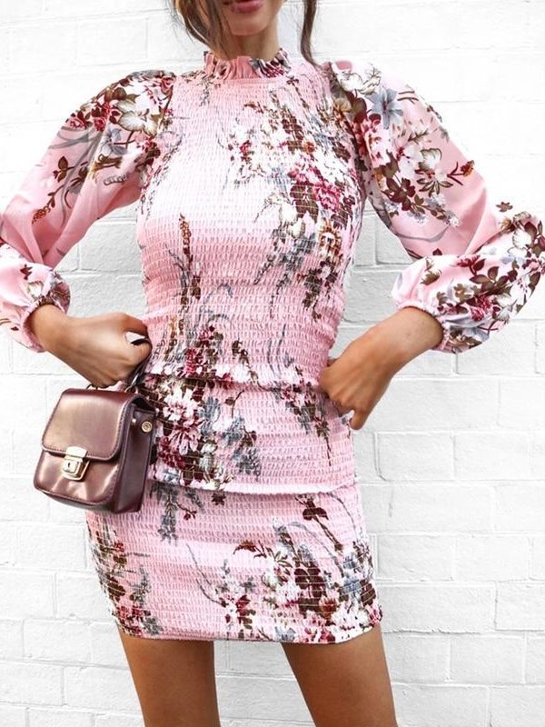 Elegant Women Dress Flower Print High Neck Long Sleeve Dress Autumn Slim Stretchy Party Dresses Casual Bodycon Vestido - Takalr