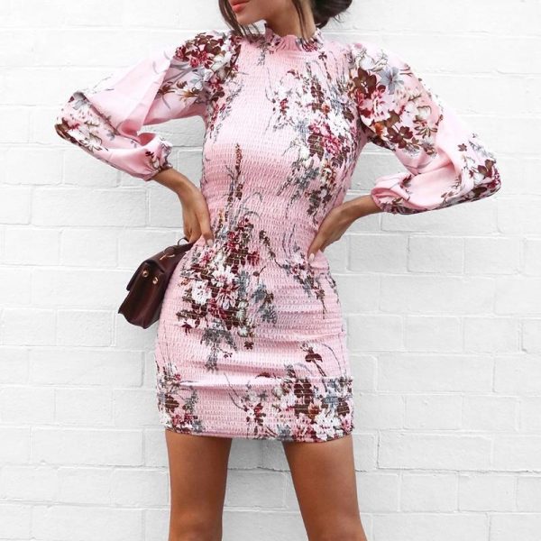 Elegant Women Dress Flower Print High Neck Long Sleeve Dress Autumn Slim Stretchy Party Dresses Casual Bodycon Vestido - Takalr