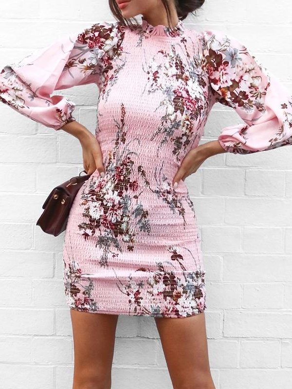 Elegant Women Dress Flower Print High Neck Long Sleeve Dress Autumn Slim Stretchy Party Dresses Casual Bodycon Vestido - Takalr