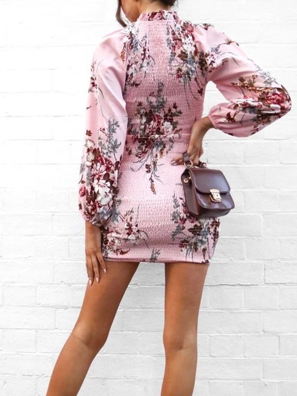 Elegant Women Dress Flower Print High Neck Long Sleeve Dress Autumn Slim Stretchy Party Dresses Casual Bodycon Vestido - Takalr