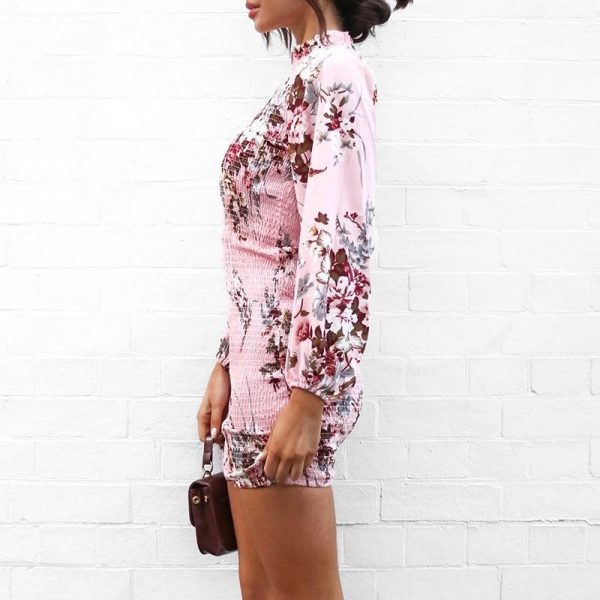 Elegant Women Dress Flower Print High Neck Long Sleeve Dress Autumn Slim Stretchy Party Dresses Casual Bodycon Vestido - Takalr