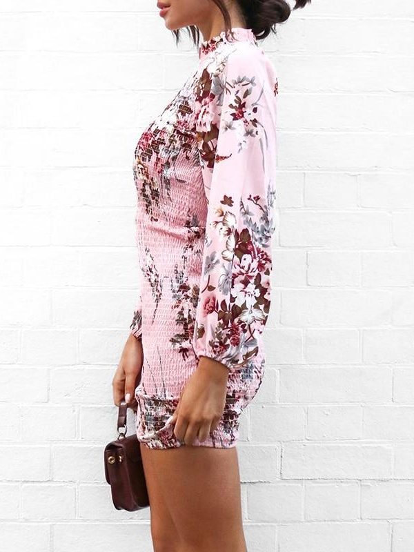 Elegant Women Dress Flower Print High Neck Long Sleeve Dress Autumn Slim Stretchy Party Dresses Casual Bodycon Vestido - Takalr