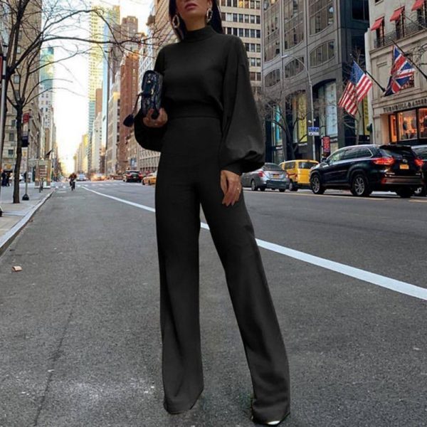 Elegant wide leg patns jumpsuit for women Solid color oen back rompers womens jumpsuit Long sleeve autumn Overalls - Takalr