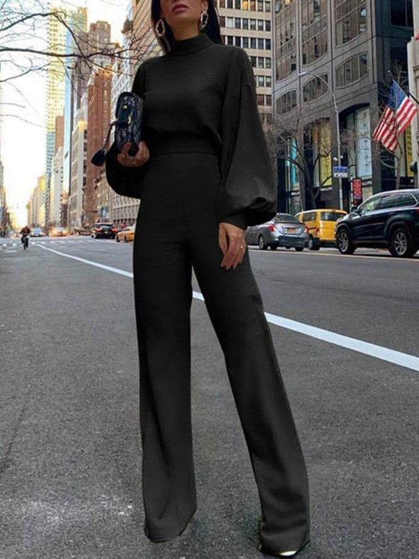 Elegant wide leg patns jumpsuit for women Solid color oen back rompers womens jumpsuit Long sleeve autumn Overalls - Takalr