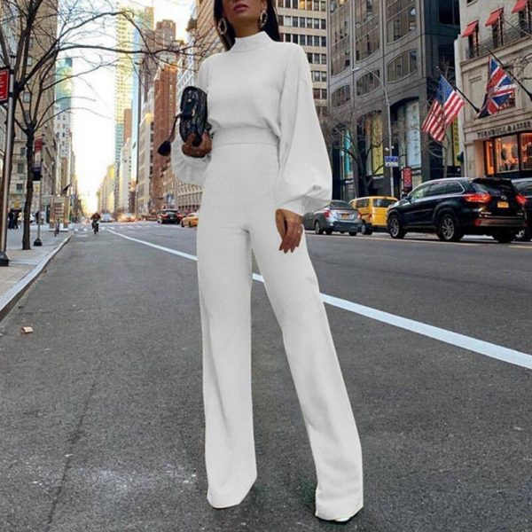 Elegant wide leg patns jumpsuit for women Solid color oen back rompers womens jumpsuit Long sleeve autumn Overalls - Takalr