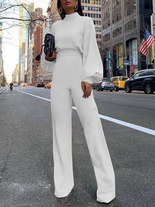 Elegant wide leg patns jumpsuit for women Solid color oen back rompers womens jumpsuit Long sleeve autumn Overalls - Takalr