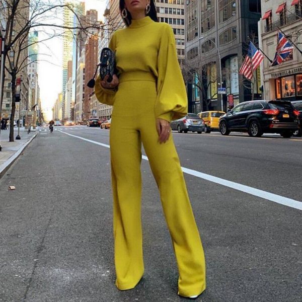 Elegant wide leg patns jumpsuit for women Solid color oen back rompers womens jumpsuit Long sleeve autumn Overalls - Takalr