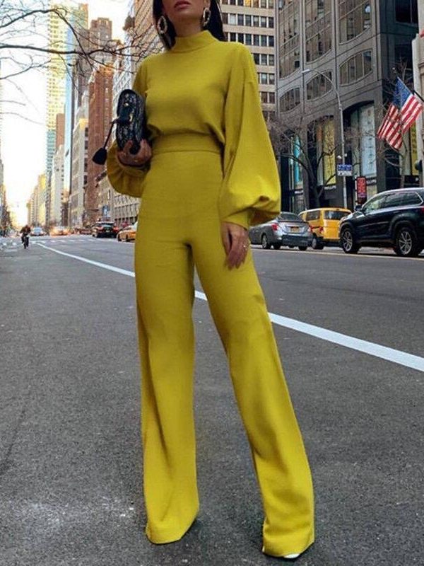 Elegant wide leg patns jumpsuit for women Solid color oen back rompers womens jumpsuit Long sleeve autumn Overalls - Takalr