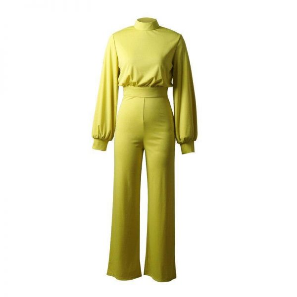 Elegant wide leg patns jumpsuit for women Solid color oen back rompers womens jumpsuit Long sleeve autumn Overalls - Takalr