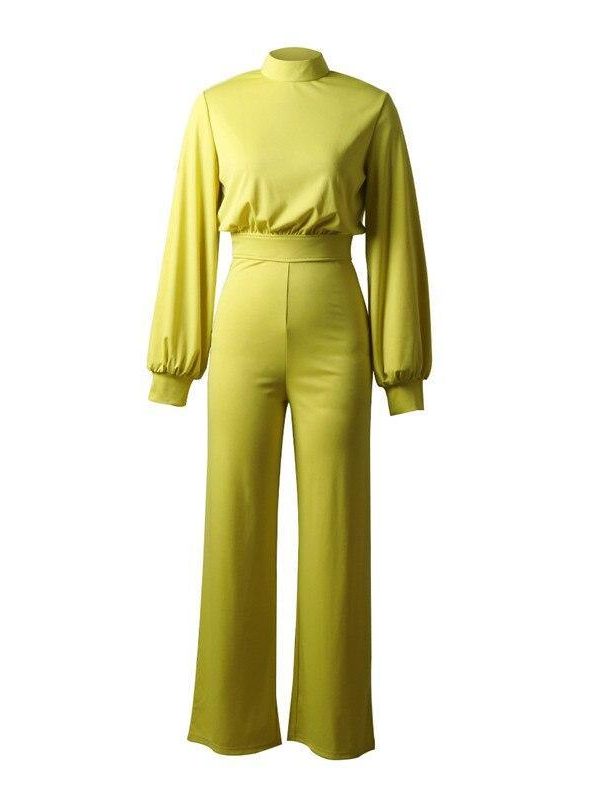 Elegant wide leg patns jumpsuit for women Solid color oen back rompers womens jumpsuit Long sleeve autumn Overalls - Takalr