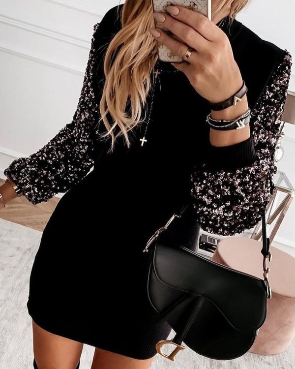 Embellished Sleeve Spliced Mini Dress Women Long Sleeve O Neck Casual Dress Winter Fashion Vestidos Streetwear - Takalr