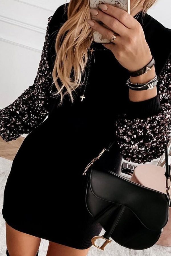 Embellished Sleeve Spliced Mini Dress Women Long Sleeve O Neck Casual Dress Winter Fashion Vestidos Streetwear - Takalr