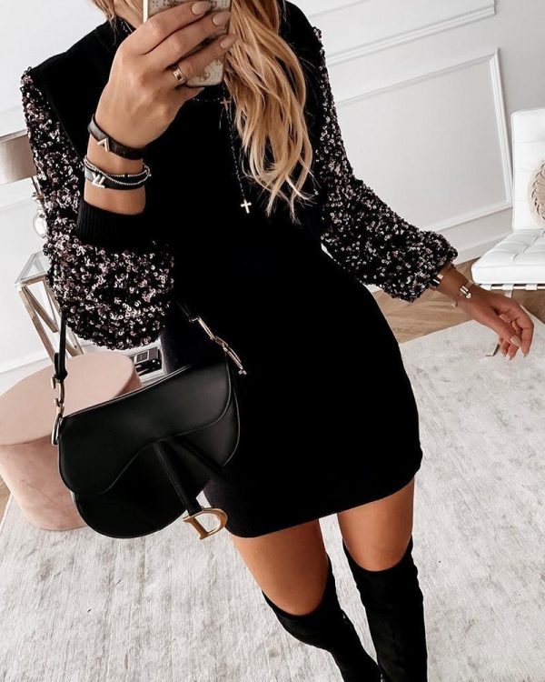 Embellished Sleeve Spliced Mini Dress Women Long Sleeve O Neck Casual Dress Winter Fashion Vestidos Streetwear - Takalr