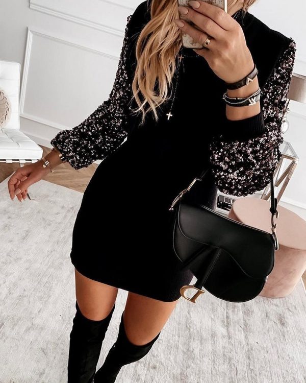 Embellished Sleeve Spliced Mini Dress Women Long Sleeve O Neck Casual Dress Winter Fashion Vestidos Streetwear - Takalr