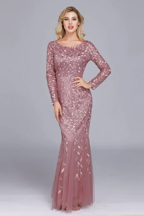 Evening Dresses Mermaid O Neck Full Sleeve Lace Appliques Tulle Long Party Gown Robe Soiree Elegant Formal Dress