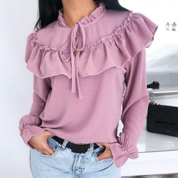 Fall Clothing Casual Tops Causal Long Sleeve Shirt Casual Round Neck Ruffled Long Sleeve Women Blouse Casual Tops - Takalr