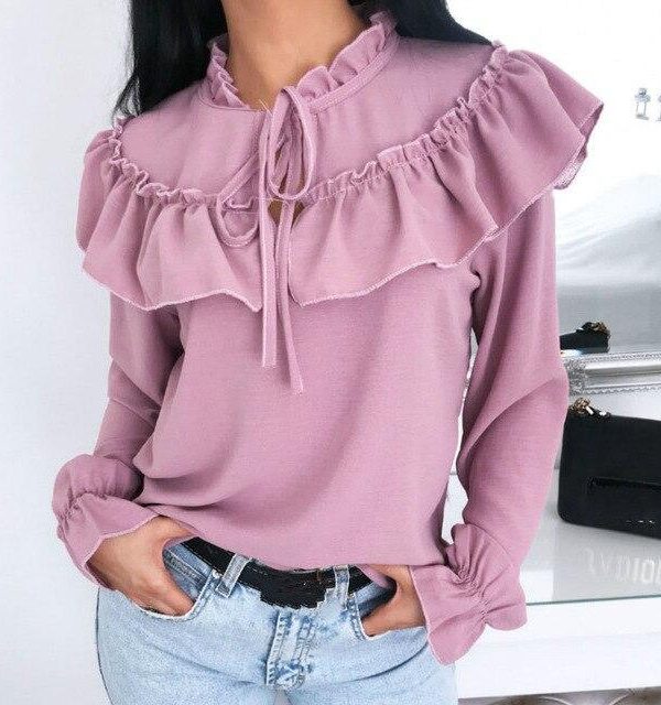 Fall Clothing Casual Tops Causal Long Sleeve Shirt Casual Round Neck Ruffled Long Sleeve Women Blouse Casual Tops - Takalr