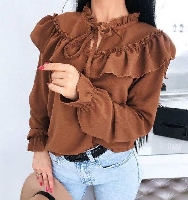 Fall Clothing Casual Tops Causal Long Sleeve Shirt Casual Round Neck Ruffled Long Sleeve Women Blouse Casual Tops - Takalr