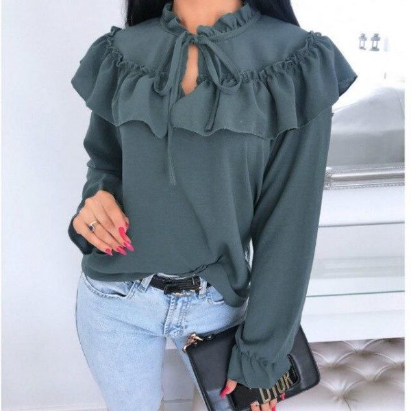 Fall Clothing Casual Tops Causal Long Sleeve Shirt Casual Round Neck Ruffled Long Sleeve Women Blouse Casual Tops - Takalr