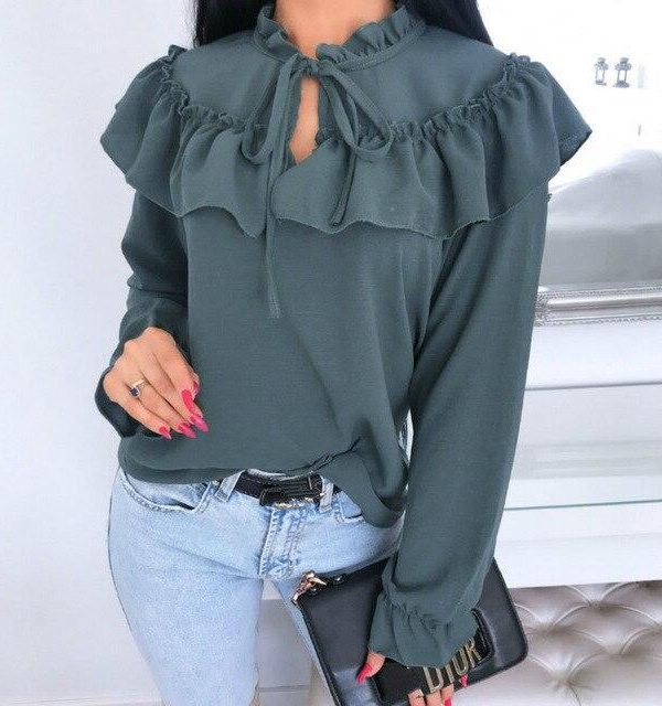 Fall Clothing Casual Tops Causal Long Sleeve Shirt Casual Round Neck Ruffled Long Sleeve Women Blouse Casual Tops - Takalr