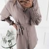 Fall Clothing Long Sleeve Women Dress Casual Solid Color Turndowon Collar Lantern Sleeve Bandage Women Shirt Dress - Takalr