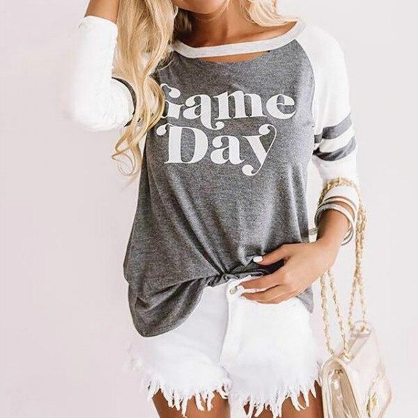 Fall Clothing Women Casual Round Neck Hollow Out GAME DAY Letter Printed Srtripe Long Sleeve Women Tshirt Casual Tops - Takalr