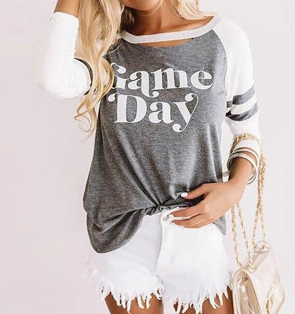 Fall Clothing Women Casual Round Neck Hollow Out GAME DAY Letter Printed Srtripe Long Sleeve Women Tshirt Casual Tops - Takalr