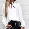 Falre Sleeve Tied Collar Shirt Long Sleeve Solid Sweet Tops Women New Slim Blouse Shirts - Takalr