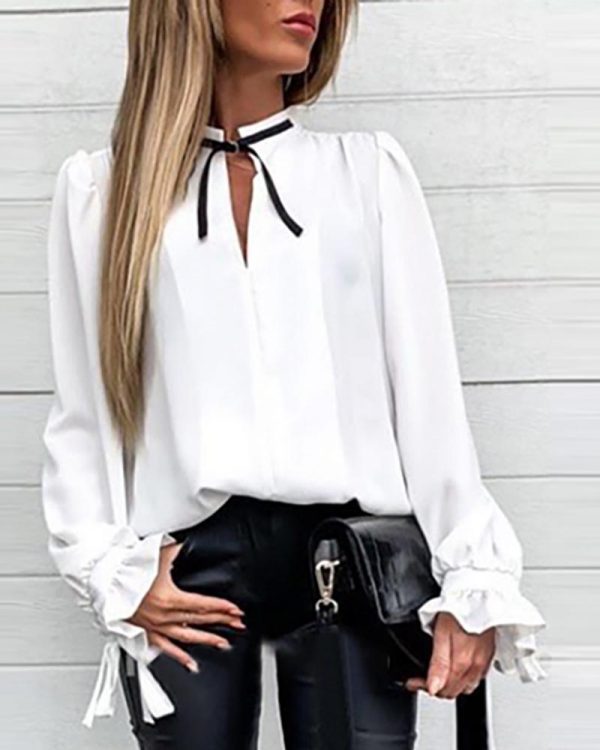 Falre Sleeve Tied Collar Shirt Long Sleeve Solid Sweet Tops Women New Slim Blouse Shirts - Takalr