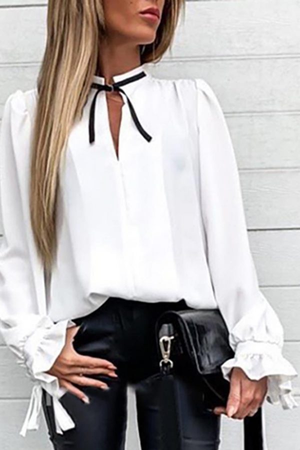 Falre Sleeve Tied Collar Shirt Long Sleeve Solid Sweet Tops Women New Slim Blouse Shirts - Takalr