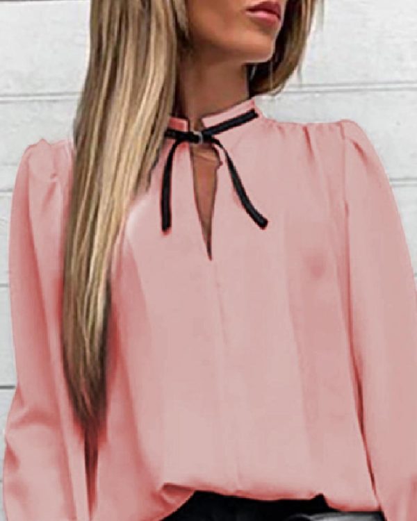 Falre Sleeve Tied Collar Shirt Long Sleeve Solid Sweet Tops Women New Slim Blouse Shirts - Takalr