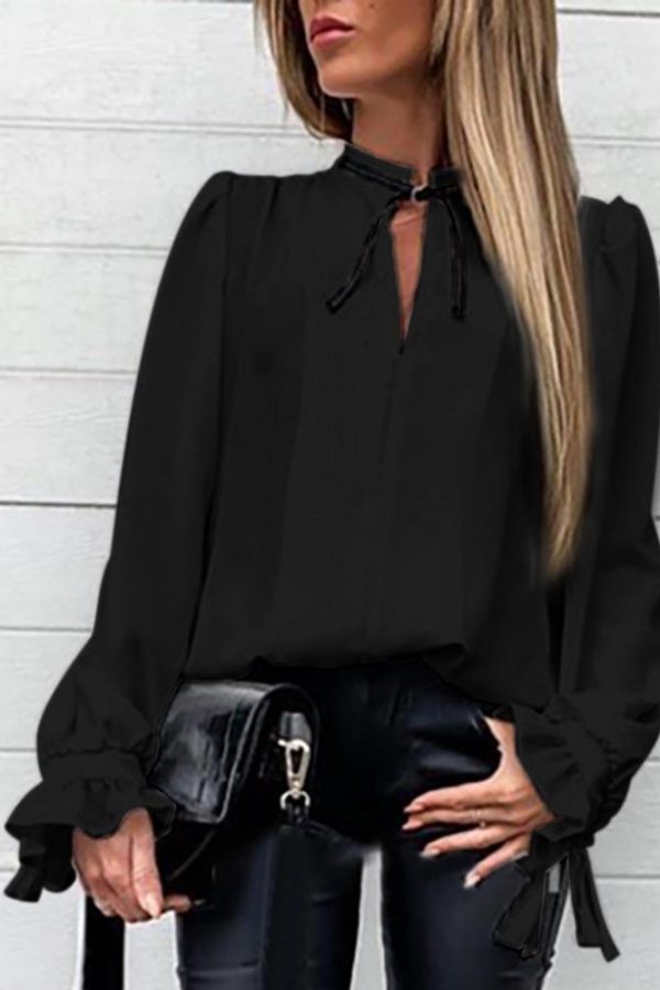 Falre Sleeve Tied Collar Shirt Long Sleeve Solid Sweet Tops Women New Slim Blouse Shirts - Takalr