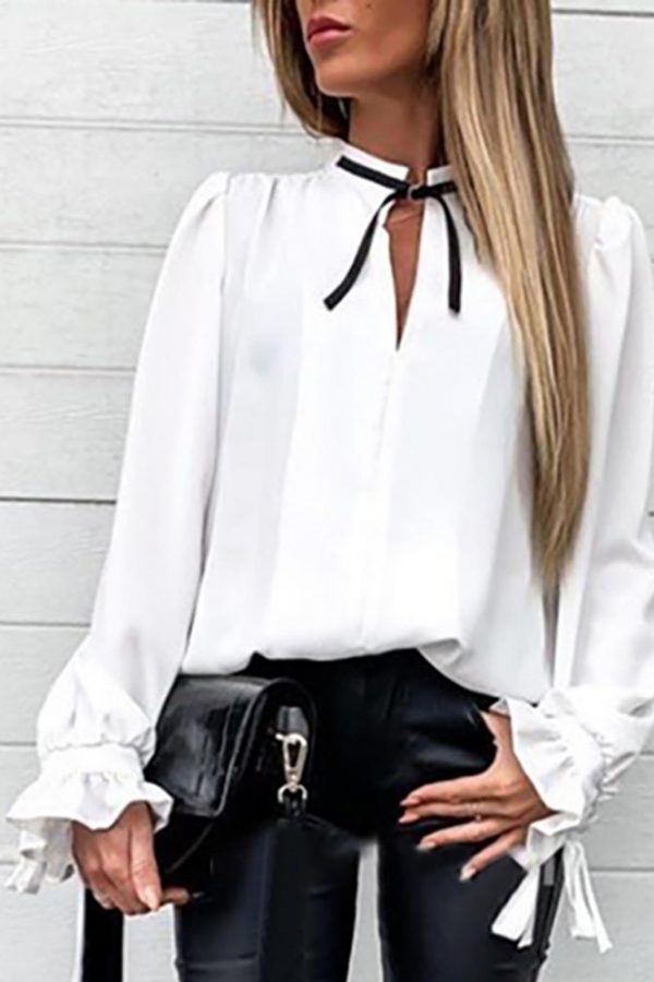 Falre Sleeve Tied Collar Shirt Long Sleeve Solid Sweet Tops Women New Slim Blouse Shirts - Takalr