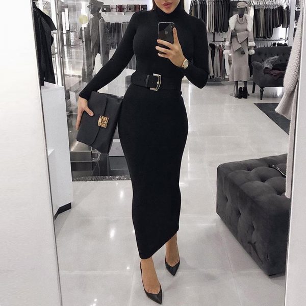 Fashion Autumn Women Turtleneck Long Sleeve Dress Solid Color Tight midi Dress Elegant slim fit high neck bodycon dresses - Takalr