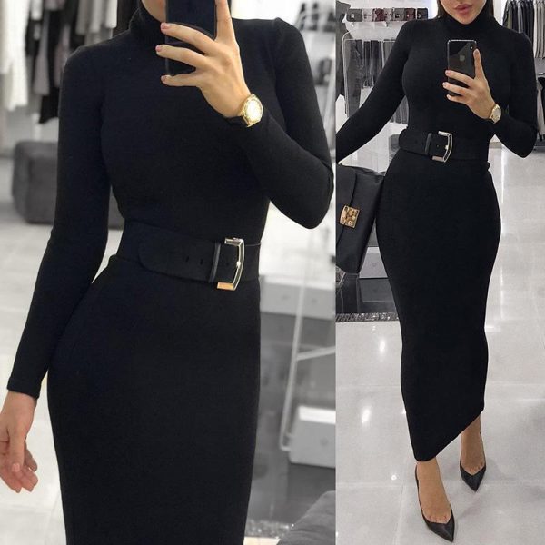 Fashion Autumn Women Turtleneck Long Sleeve Dress Solid Color Tight midi Dress Elegant slim fit high neck bodycon dresses - Takalr