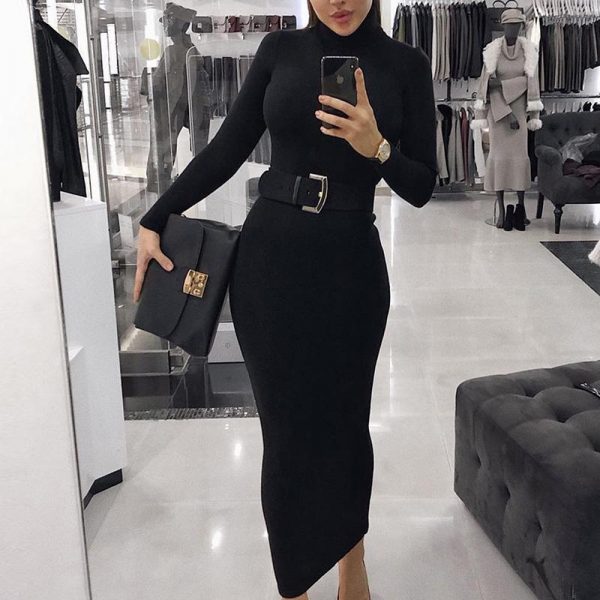 Fashion Autumn Women Turtleneck Long Sleeve Dress Solid Color Tight midi Dress Elegant slim fit high neck bodycon dresses - Takalr