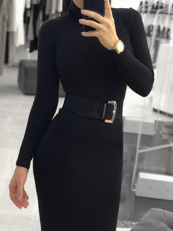 Fashion Autumn Women Turtleneck Long Sleeve Dress Solid Color Tight midi Dress Elegant slim fit high neck bodycon dresses - Takalr