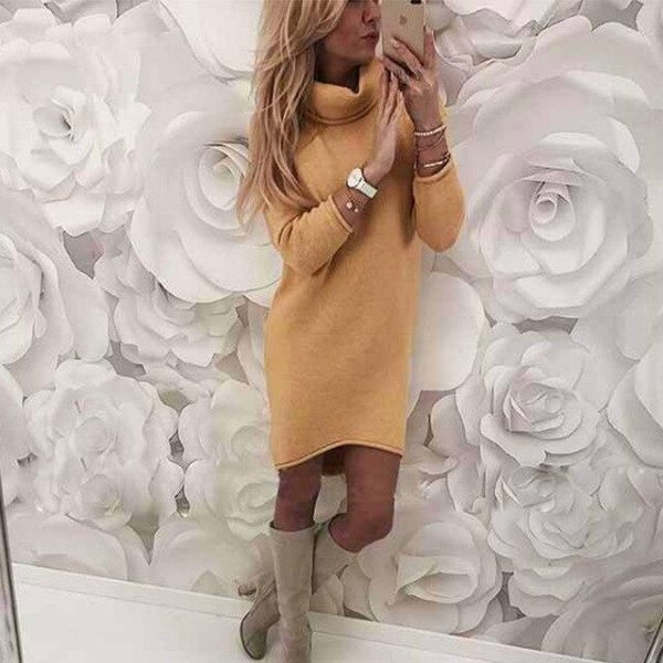 Fashion Casual Gray Yellow Loose Turtle Neck Women Elegant Women Dress Midi Dresses Long Sleeves Party Dress Club Dress - Takalr