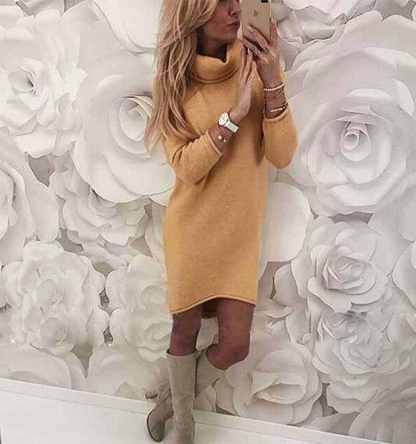 Fashion Casual Gray Yellow Loose Turtle Neck Women Elegant Women Dress Midi Dresses Long Sleeves Party Dress Club Dress - Takalr