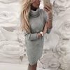 Fashion Casual Gray Yellow Loose Turtle Neck Women Elegant Women Dress Midi Dresses Long Sleeves Party Dress Club Dress - Takalr